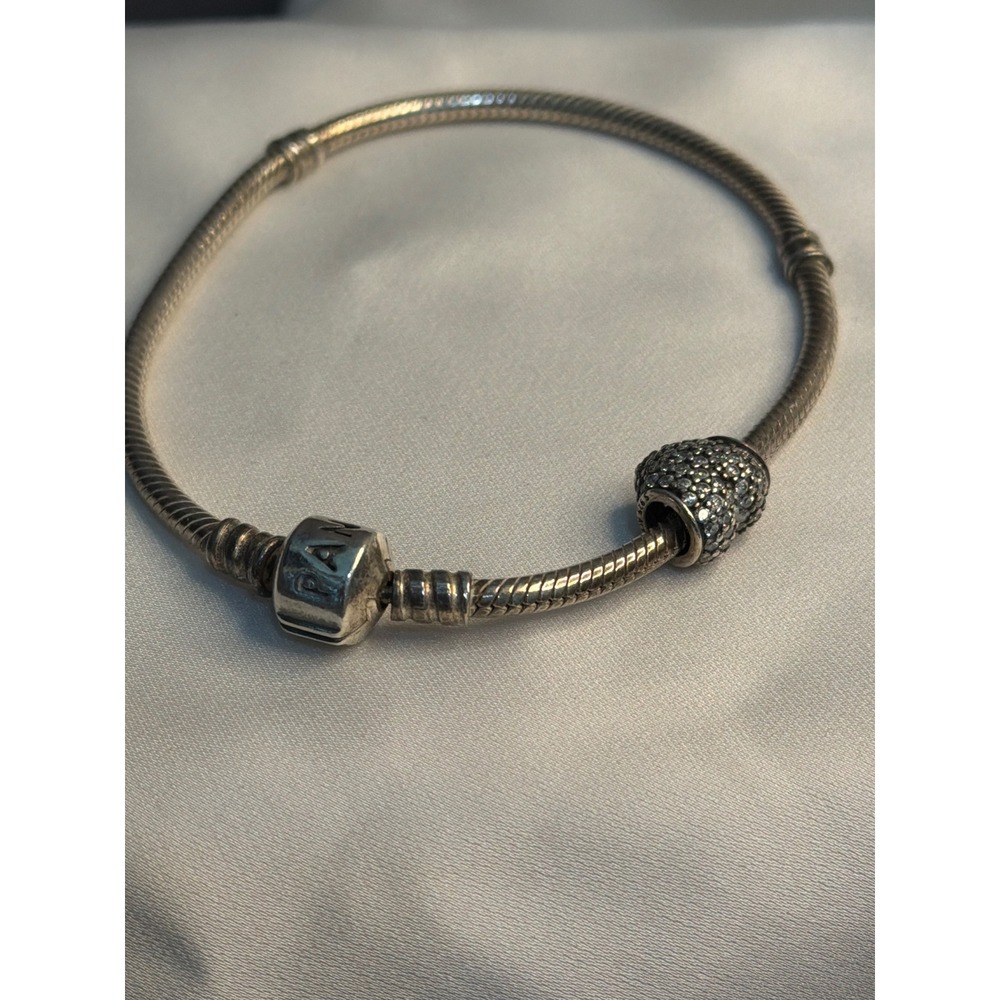 Pandora Moments Sterling Silver Snake Chain Bracelet Pave Heart Charm 925 ALE
